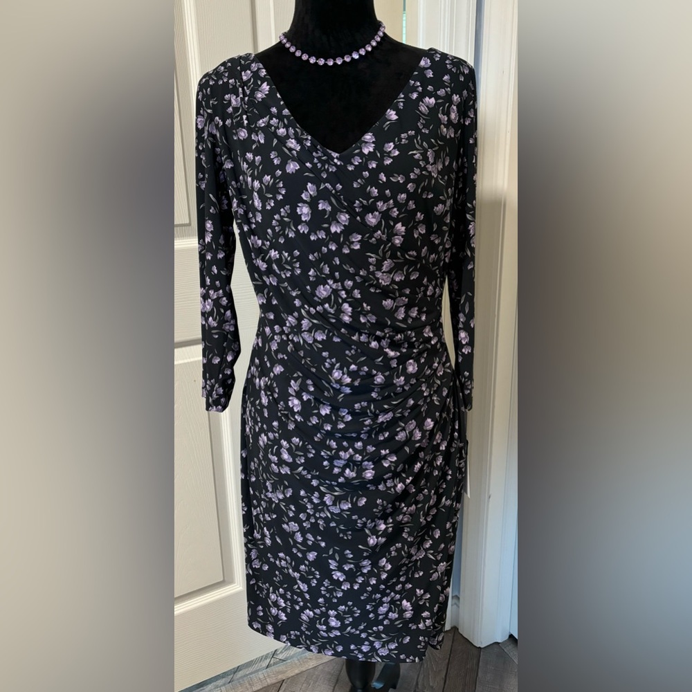 NWT Chaps Black & Purple Floral Ruched V-Neck Midi Dress